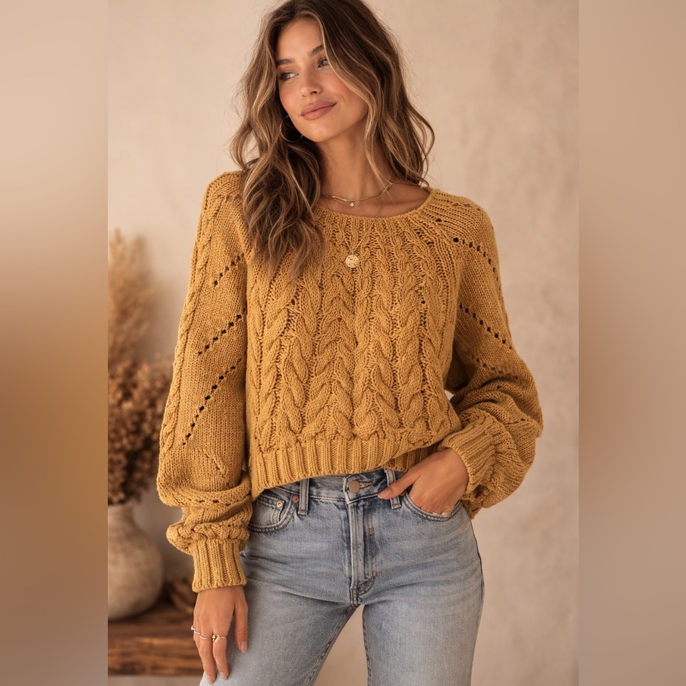Free People Women XS Deep Mustard Cable Cardigan Cropped Chunky Knit Cottagecore